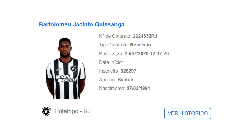 Rescisão é publicada no BID, e Bastos não é mais jogador do Botafogo