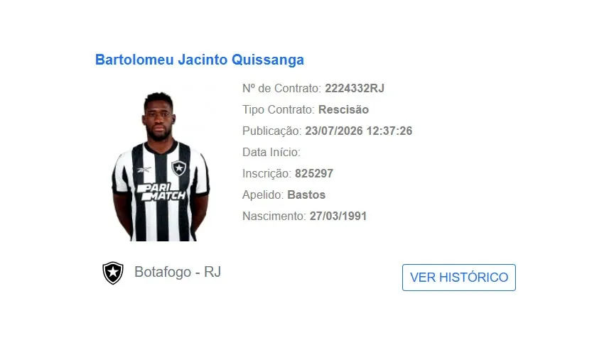 Rescisão é publicada no BID, e Bastos não é mais jogador do Botafogo